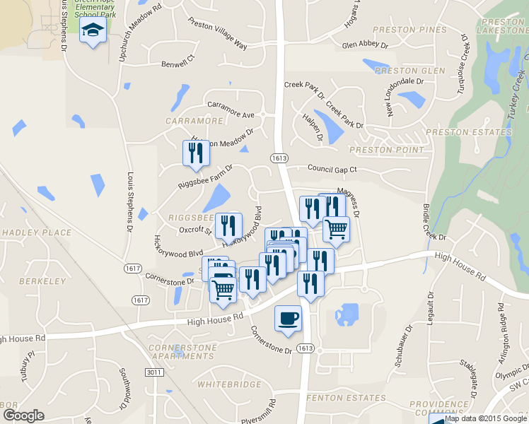map of restaurants, bars, coffee shops, grocery stores, and more near 107 Hickorywood Boulevard in Cary