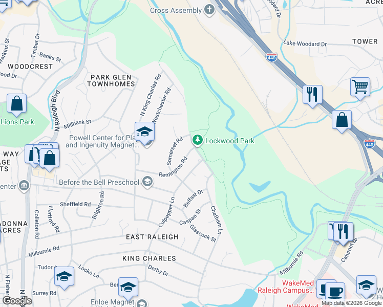 map of restaurants, bars, coffee shops, grocery stores, and more near 2516 Remington Road in Raleigh