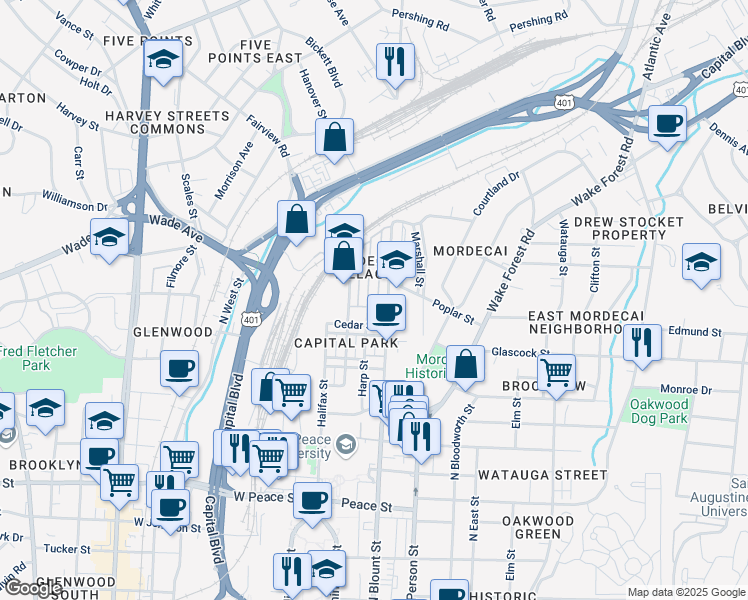 map of restaurants, bars, coffee shops, grocery stores, and more near 1117 North Blount Street in Raleigh