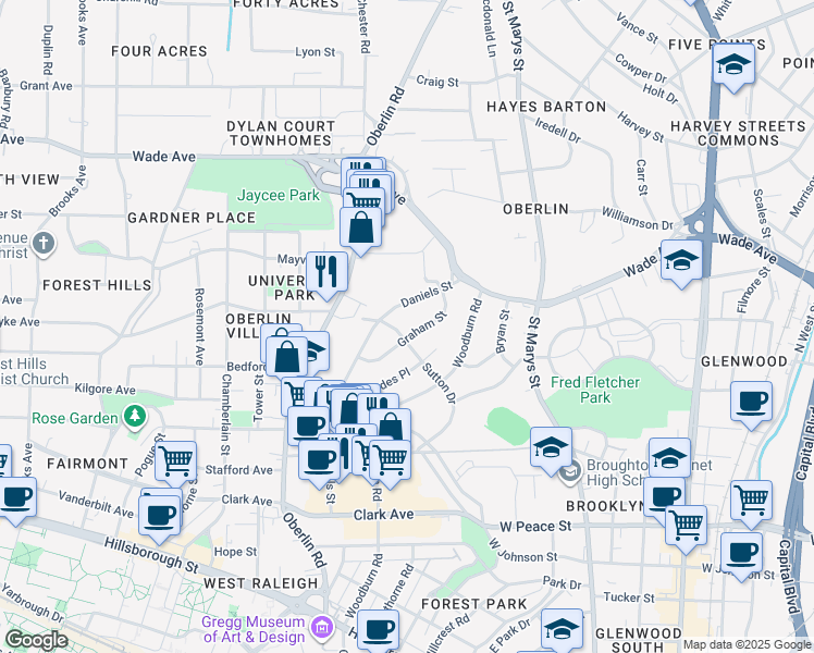 map of restaurants, bars, coffee shops, grocery stores, and more near 727 Graham Street in Raleigh