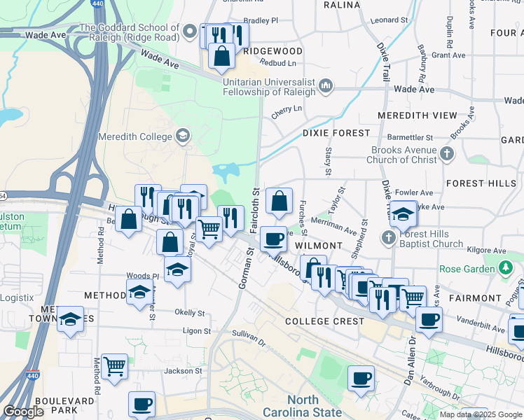 map of restaurants, bars, coffee shops, grocery stores, and more near 110 Faircloth Street in Raleigh