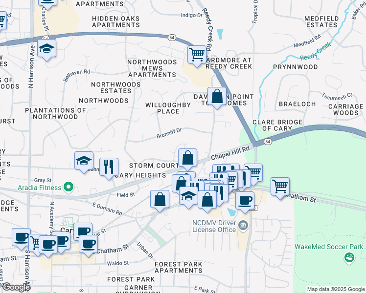 map of restaurants, bars, coffee shops, grocery stores, and more near 531 Sorrell Street in Cary