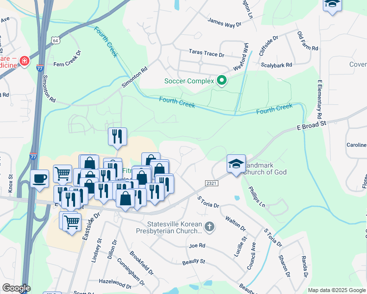 map of restaurants, bars, coffee shops, grocery stores, and more near 2159 Deer View Circle in Statesville