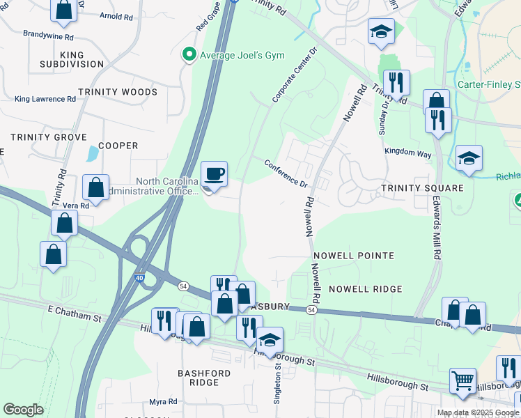 map of restaurants, bars, coffee shops, grocery stores, and more near 610 Handsworth Lane in Raleigh