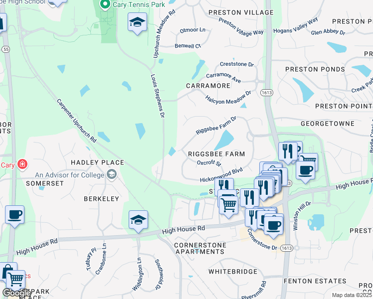 map of restaurants, bars, coffee shops, grocery stores, and more near 417 Riggsbee Farm Drive in Cary