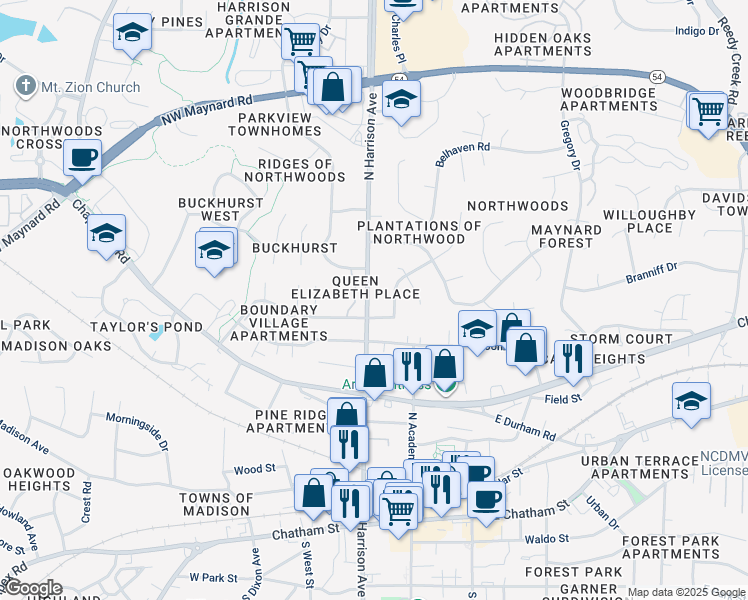 map of restaurants, bars, coffee shops, grocery stores, and more near 706 North Harrison Avenue in Cary