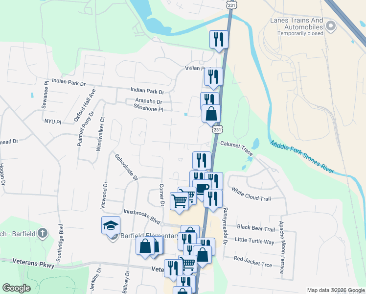 map of restaurants, bars, coffee shops, grocery stores, and more near 256 Caroline Drive in Murfreesboro