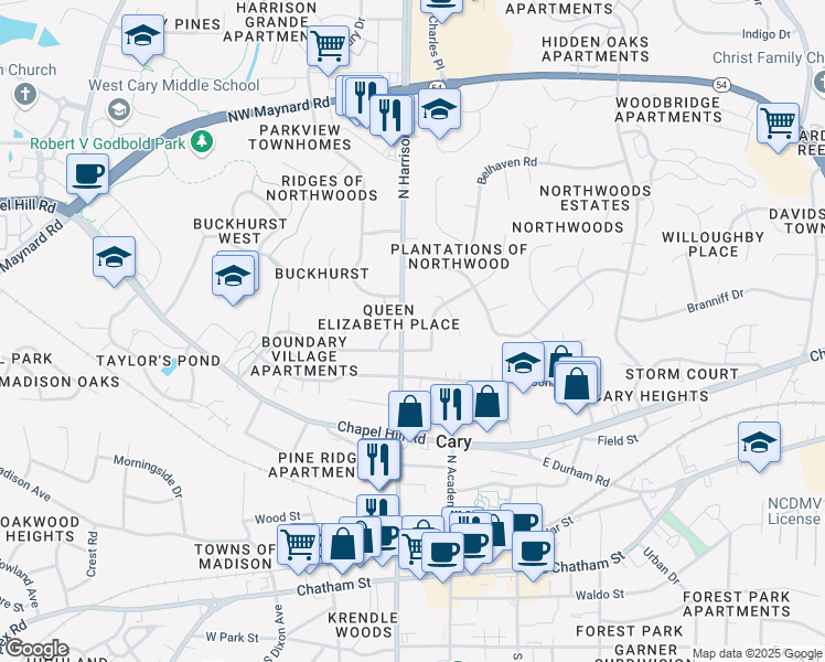 map of restaurants, bars, coffee shops, grocery stores, and more near 706 North Harrison Avenue in Cary