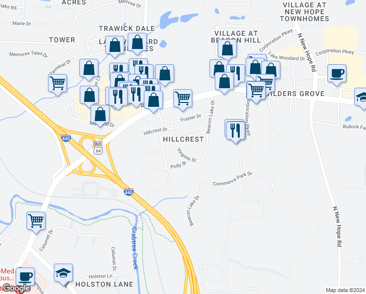 map of restaurants, bars, coffee shops, grocery stores, and more near 3915 Virginia Street in Raleigh