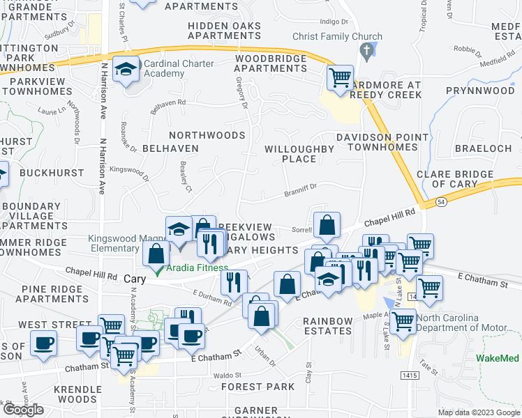 map of restaurants, bars, coffee shops, grocery stores, and more near 614 Branniff Drive in Cary