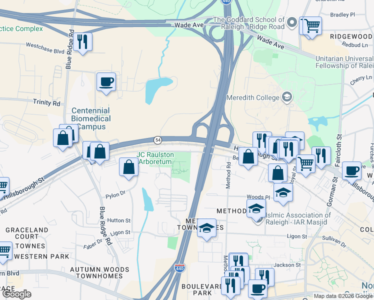 map of restaurants, bars, coffee shops, grocery stores, and more near 4216 Beryl Road in Raleigh