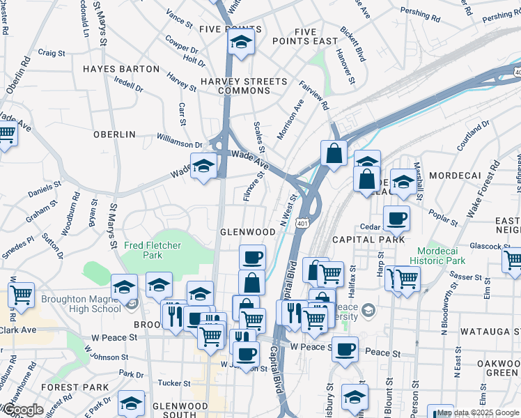 map of restaurants, bars, coffee shops, grocery stores, and more near 1225 Pierce Street in Raleigh