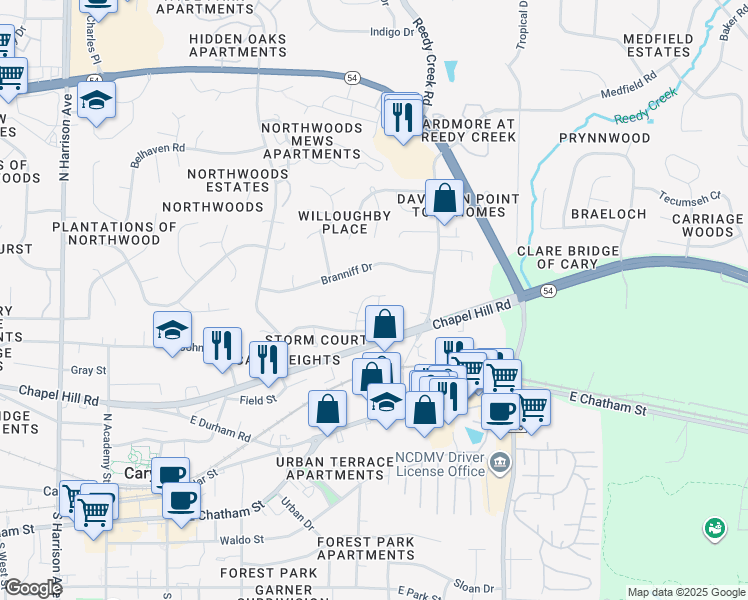 map of restaurants, bars, coffee shops, grocery stores, and more near 531 Sorrell Street in Cary