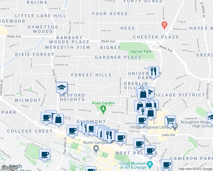 map of restaurants, bars, coffee shops, grocery stores, and more near 2618 Van Dyke Avenue in Raleigh
