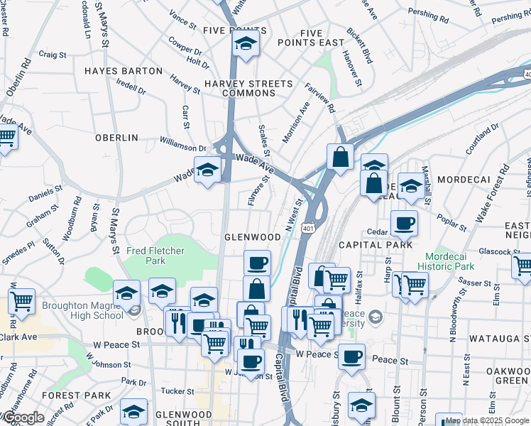 map of restaurants, bars, coffee shops, grocery stores, and more near 1225 Pierce Street in Raleigh