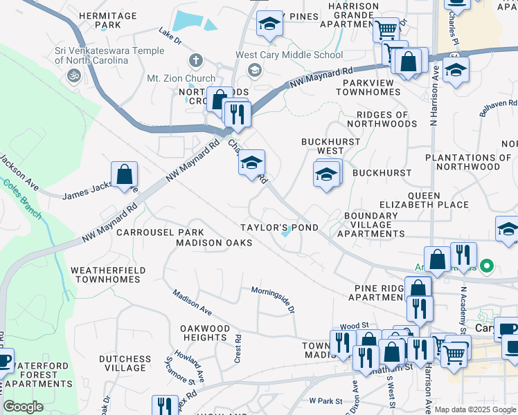 map of restaurants, bars, coffee shops, grocery stores, and more near 226 Rosebrooks Drive in Cary