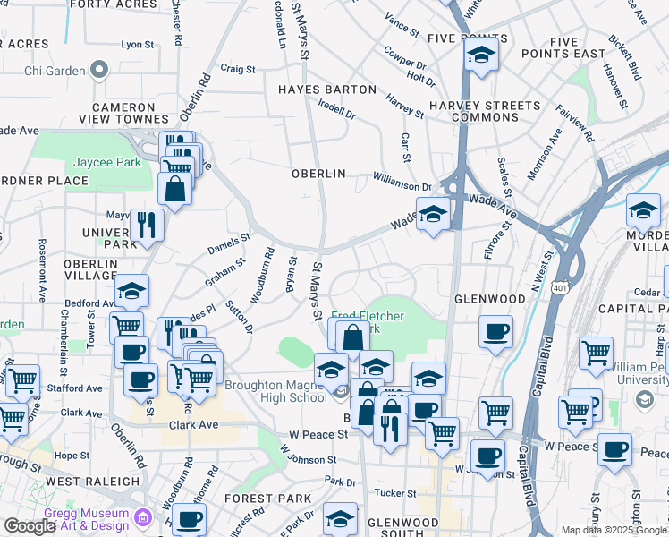 map of restaurants, bars, coffee shops, grocery stores, and more near 1041 Wirewood Drive in Raleigh