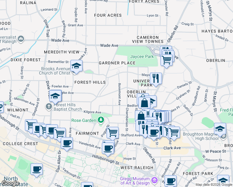 map of restaurants, bars, coffee shops, grocery stores, and more near 714 Rosemont Avenue in Raleigh
