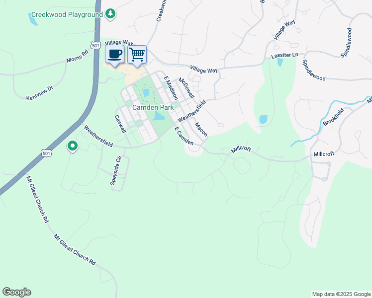 map of restaurants, bars, coffee shops, grocery stores, and more near 5510 Rutherford Close in Pittsboro