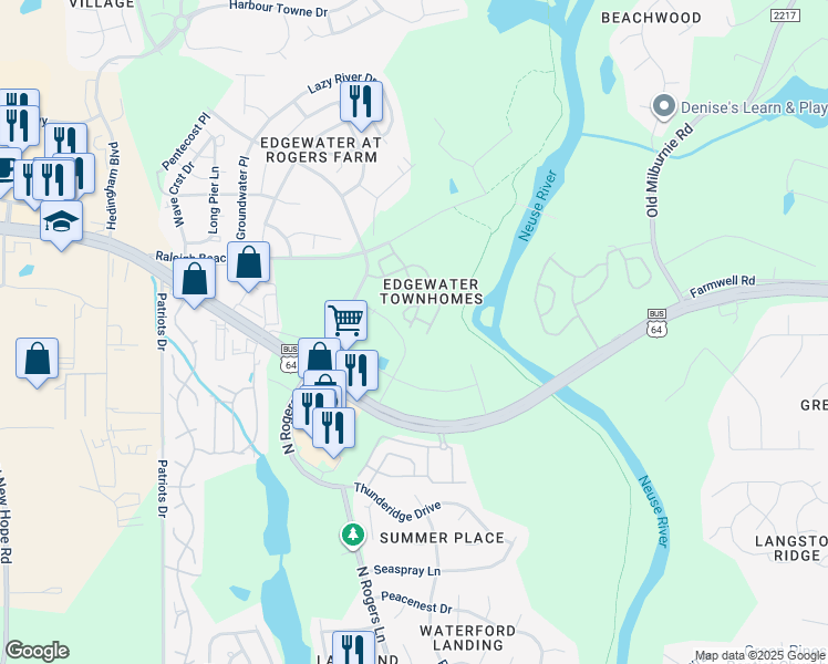 map of restaurants, bars, coffee shops, grocery stores, and more near 1904 Grassy Banks Drive in Raleigh