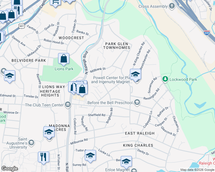 map of restaurants, bars, coffee shops, grocery stores, and more near 1100 Brighton Road in Raleigh
