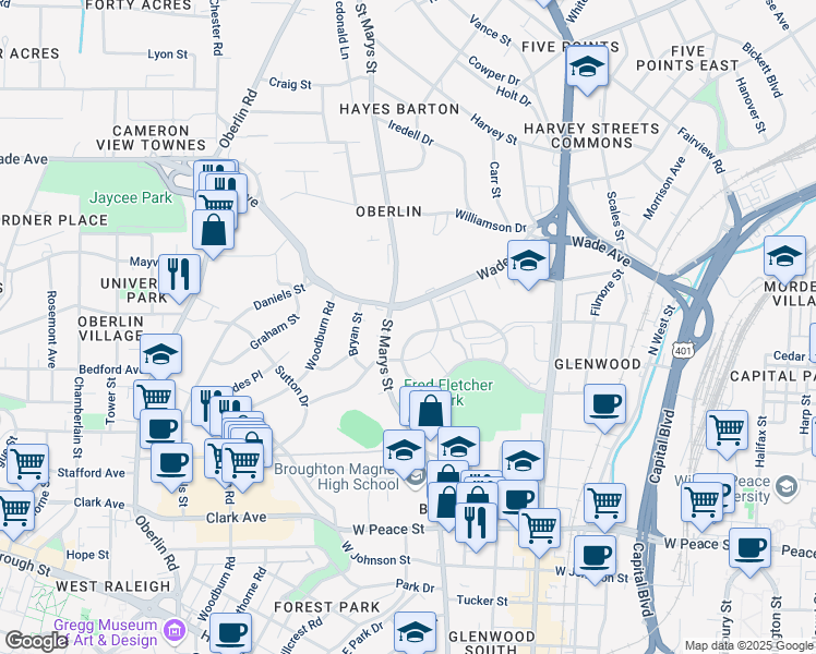 map of restaurants, bars, coffee shops, grocery stores, and more near 921 Washington Street in Raleigh