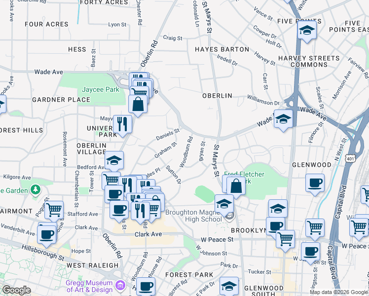 map of restaurants, bars, coffee shops, grocery stores, and more near 814 Woodburn Road in Raleigh