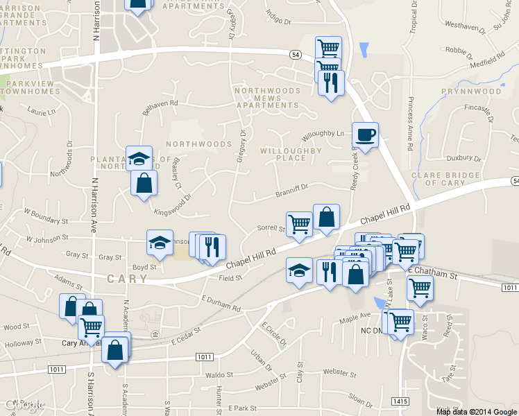 map of restaurants, bars, coffee shops, grocery stores, and more near 481 Sorrell Street in Cary