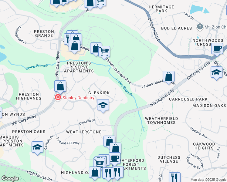map of restaurants, bars, coffee shops, grocery stores, and more near 2303 Haniman Park Drive in Cary