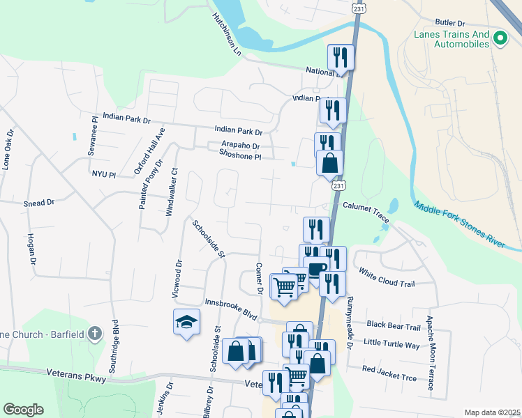 map of restaurants, bars, coffee shops, grocery stores, and more near 2711 Comer Drive in Murfreesboro