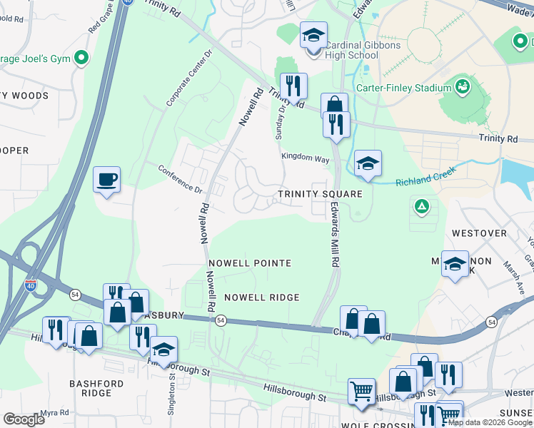 map of restaurants, bars, coffee shops, grocery stores, and more near 1130 Trinity Pine Lane in Raleigh