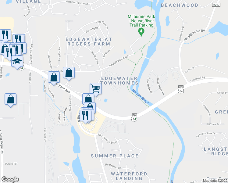 map of restaurants, bars, coffee shops, grocery stores, and more near 1904 Grassy Banks Drive in Raleigh