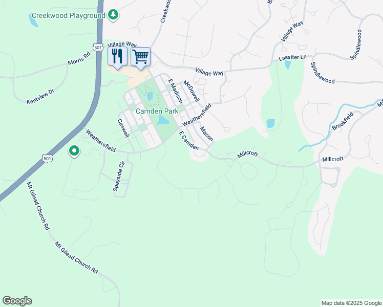 map of restaurants, bars, coffee shops, grocery stores, and more near 5510 Rutherford Close in Pittsboro