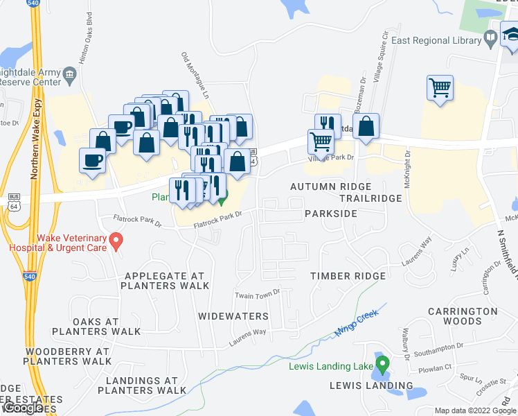 map of restaurants, bars, coffee shops, grocery stores, and more near Newport Common Drive in Knightdale