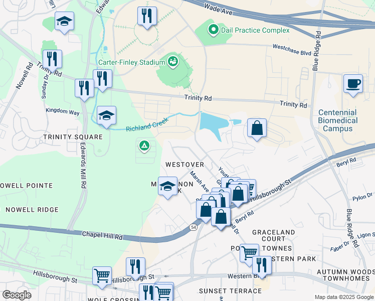 map of restaurants, bars, coffee shops, grocery stores, and more near 311 Grand Avenue in Raleigh