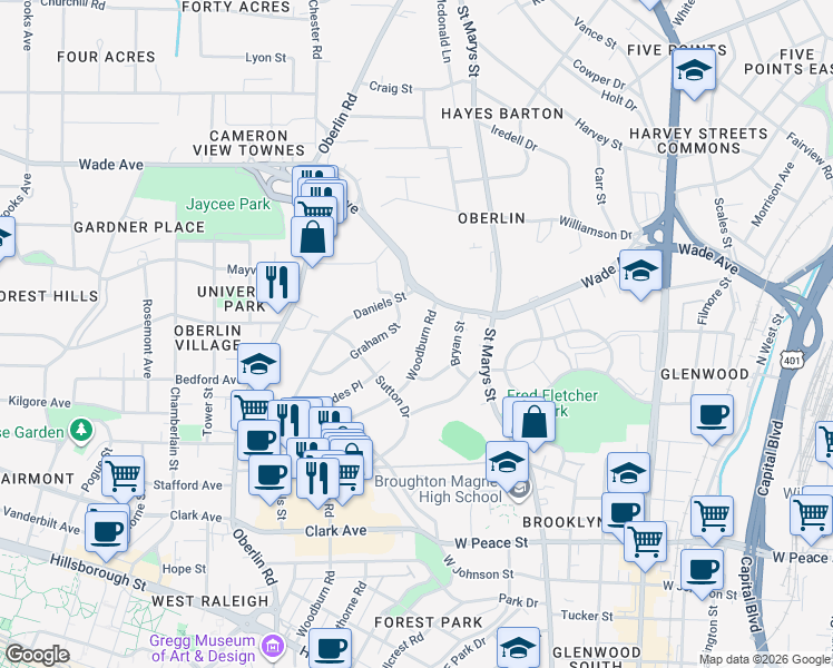 map of restaurants, bars, coffee shops, grocery stores, and more near 814 Woodburn Road in Raleigh