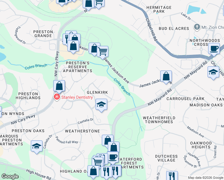 map of restaurants, bars, coffee shops, grocery stores, and more near 2303 Haniman Park Drive in Cary