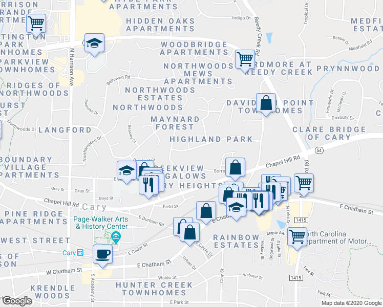 map of restaurants, bars, coffee shops, grocery stores, and more near 616 Branniff Drive in Cary