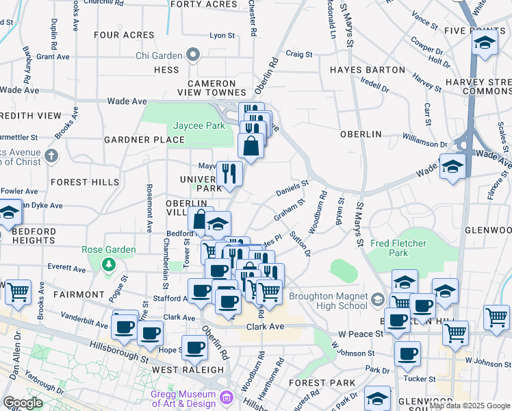 map of restaurants, bars, coffee shops, grocery stores, and more near 831 Daniels Street in Raleigh