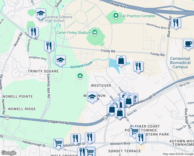 map of restaurants, bars, coffee shops, grocery stores, and more near 310 Marsh Avenue in Raleigh