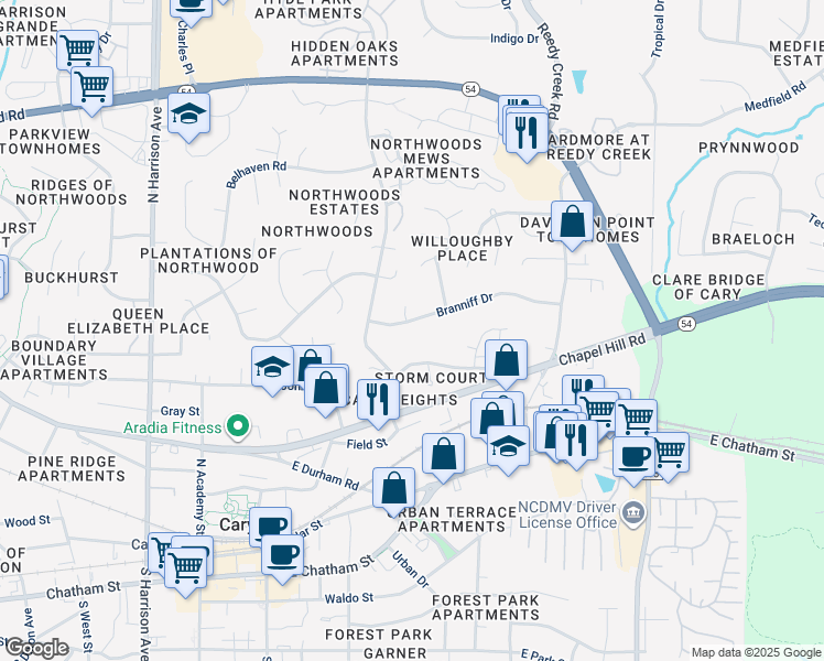 map of restaurants, bars, coffee shops, grocery stores, and more near 616 Branniff Drive in Cary