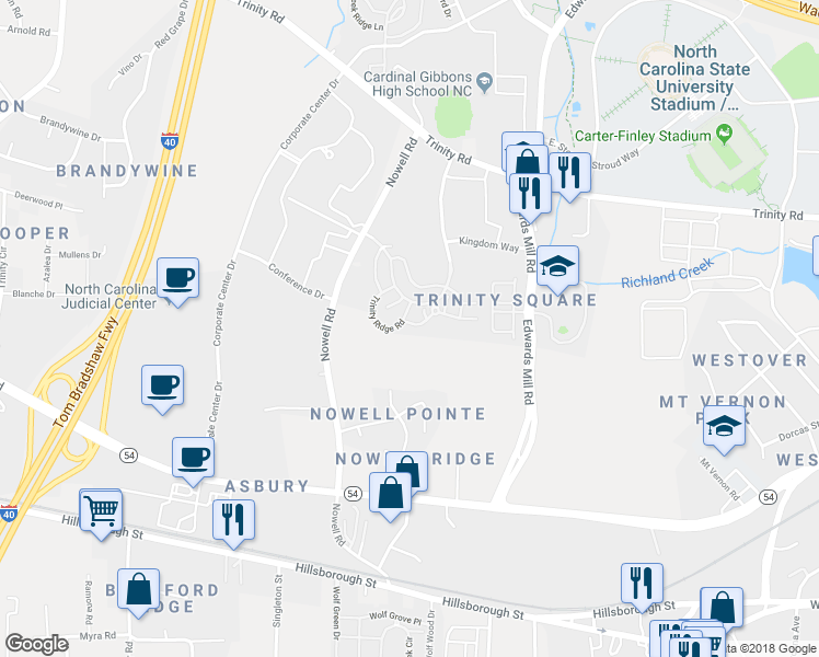 map of restaurants, bars, coffee shops, grocery stores, and more near 1120 Trinity Pine Lane in Raleigh