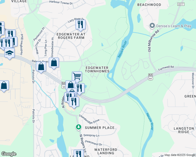 map of restaurants, bars, coffee shops, grocery stores, and more near 5445 Big Bass Drive in Raleigh