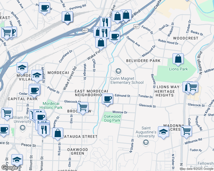 map of restaurants, bars, coffee shops, grocery stores, and more near 1213 Brookside Drive in Raleigh