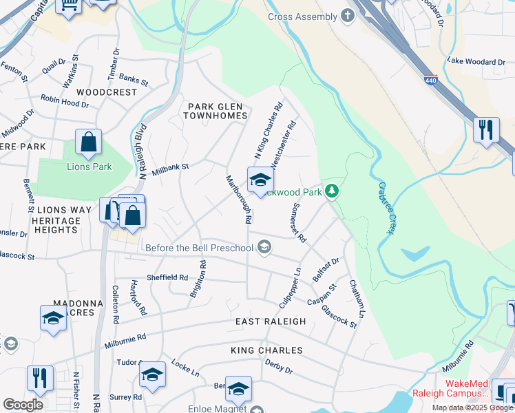 map of restaurants, bars, coffee shops, grocery stores, and more near 1130 Marlborough Road in Raleigh