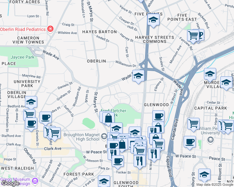 map of restaurants, bars, coffee shops, grocery stores, and more near 1001 Brighthurst Drive in Raleigh
