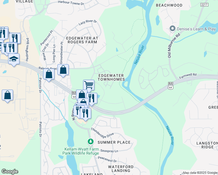 map of restaurants, bars, coffee shops, grocery stores, and more near 5450 Big Bass Drive in Raleigh