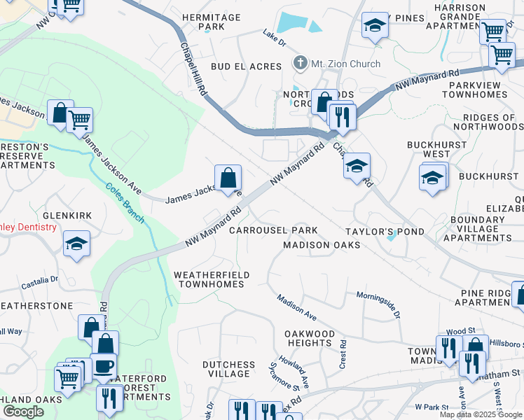 map of restaurants, bars, coffee shops, grocery stores, and more near 105 Ferris Wheel Court in Cary
