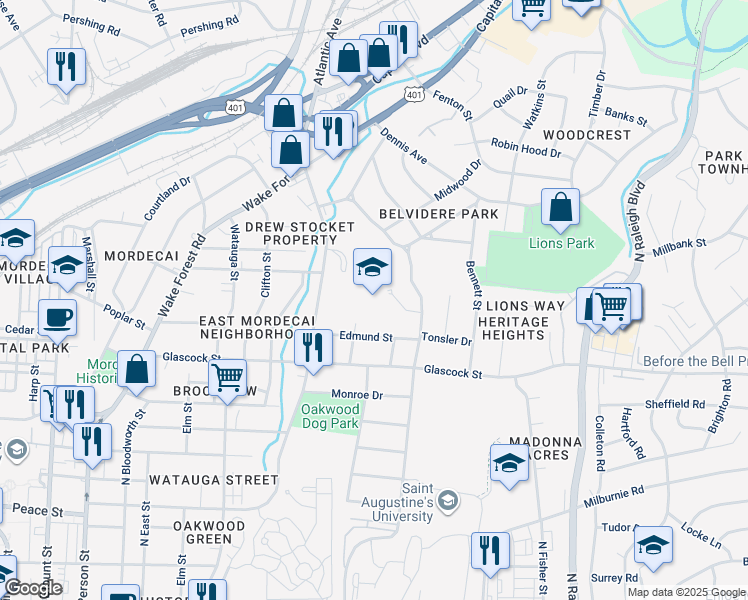 map of restaurants, bars, coffee shops, grocery stores, and more near 1220 Brookside Drive in Raleigh
