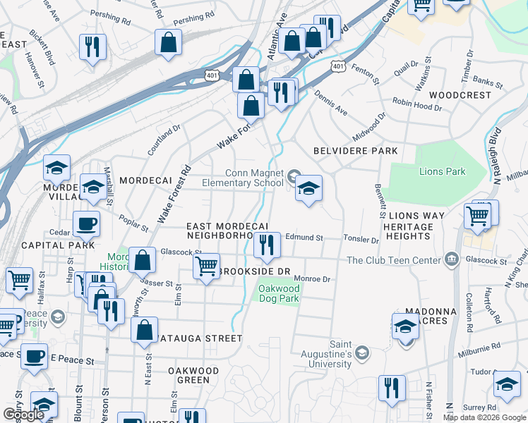 map of restaurants, bars, coffee shops, grocery stores, and more near 1120 Norris Street in Raleigh